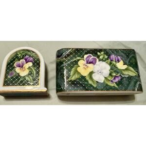 Neiman Marcus Floral Porcelain Desk Set Clock & Pen Holder Hand Painted Japan